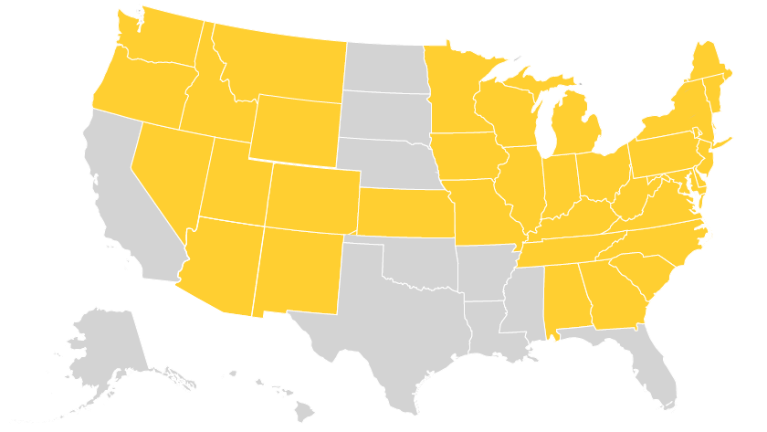 Map of the United States highlighting states where Selective offers business insurance coverage.