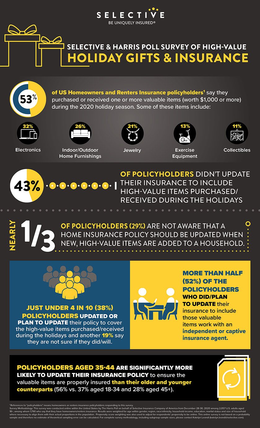 Infographic: Selective Insurance and Harris Poll Survey of High-Value Holiday Gifts and Insurance.